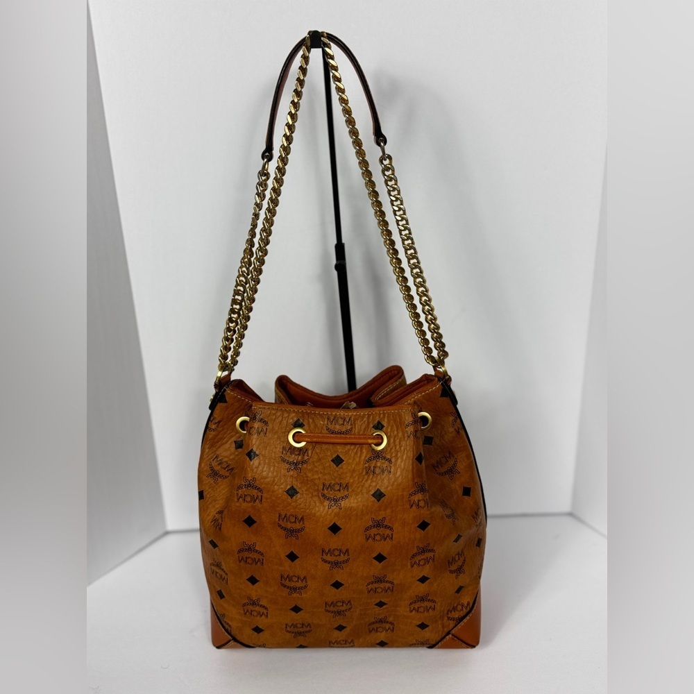 MCM Classic Cambas Tan Leather Bucket Bag with Gold Chain - Picture 10 of 16